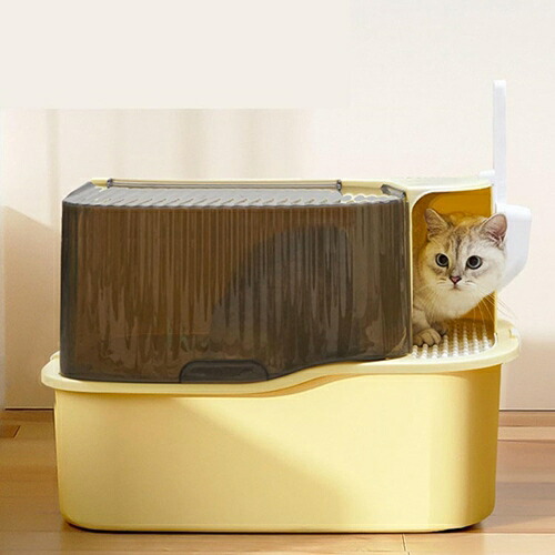 多頭用トイレ 扉付き ネコのトイレ 蓋付き 猫用 ハーフカバー 猫のトイレ環境改善 耐久性 飛散防止構造 快適ワイド 臭わない 倒れにくい お留守番対策 出入り便利 フレキシブルリッターボックス 蜜桃