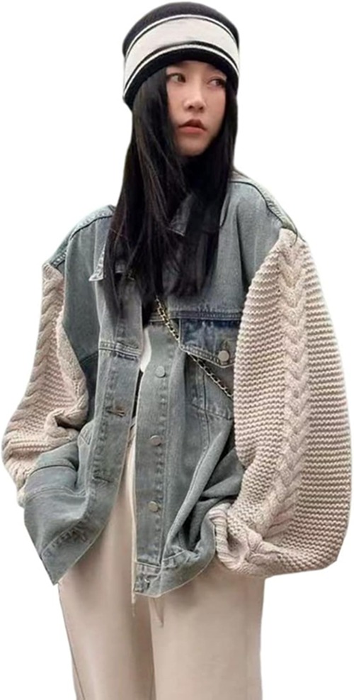 ジージャン デニムジャケット レディース 袖編み オシャレ 優しい 韓国 きれいめ 独特 春秋 防風 快適 着回し カジュアル 着痩せ 通学 通勤 デート お出かけ フリーサイズ M ブルー アウター
