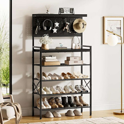 シューズラック 靴棚 靴箱 下駄箱 shoe rack 大容量 フック付き 鍵 帽子 収納 多機能 6段木製シューズラック パンチングボード付き フック10個 木製天板付き 省スペース スリム 靴置き