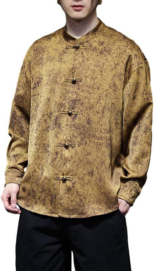 唐装 大きいサイズ メンズ 長袖シャツ チャイナボタン 立ち襟 M~5XL 花柄 エスニック チャイナシャツ 伝統服 カンフー衣装 チャイナ風 ボタン 開襟 太極拳 禅 瞑想 演舞 中華服 ヴィンテー