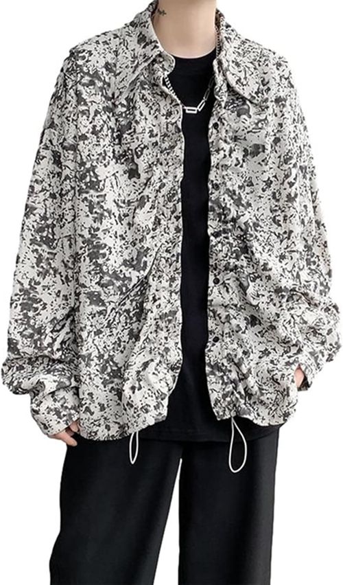 長袖シャツ メンズ 開襟 ジャケットシャツ 柄シャツ メンズシャツ コート 総柄 折り襟 絞り染め バイカラー 春秋 ルーズ カジュアル 上着 アウター ストリート系 デイリー 通学