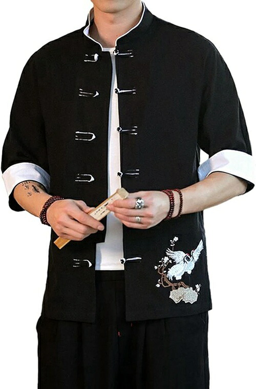 中華シャツ 武術服 メンズ 半袖 鶴柄 唐装 表演服 チャイナボタン 秋服 春服 透湿 快適 汗染み防止 お肌に優しい リラックス コーデやすい 演舞 武術公演 練習用 部屋着 撮影 オシャレ