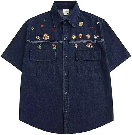 デニムシャツ 刺繍 メンズ カジュアル 夏 半袖 ゆったり 開襟 トップス 作業服 ワークシャツ ストリート系 カッコイイ カーディガン 通気性 ファッション アウトドア 通勤