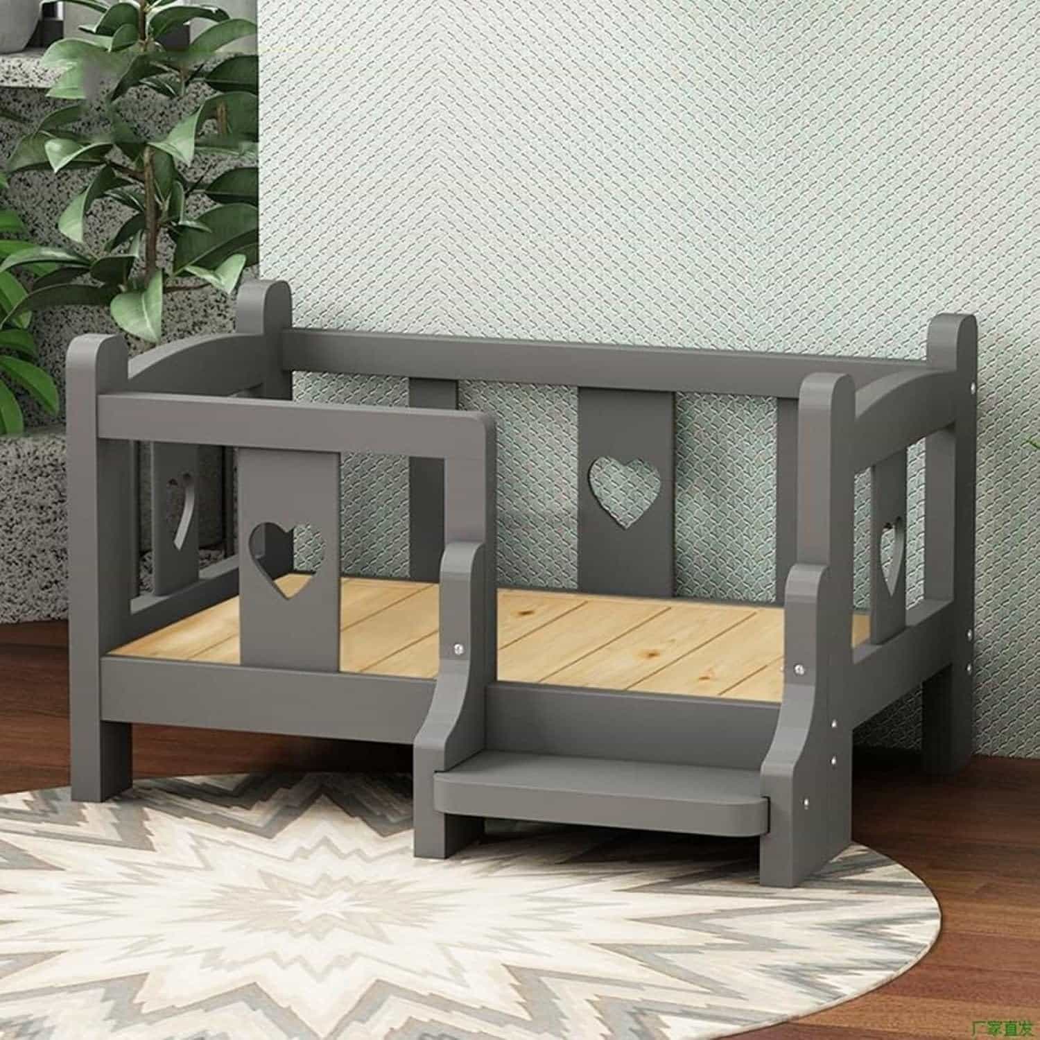 ペットベッド 犬ベッド ウッドペット ドッグベッド犬マット ペット用品ペットソファー 木製の高架 特大デラックス 二重層 階段柵のデザイン 通年適用 大型犬 中型犬 小型犬用 グレー S