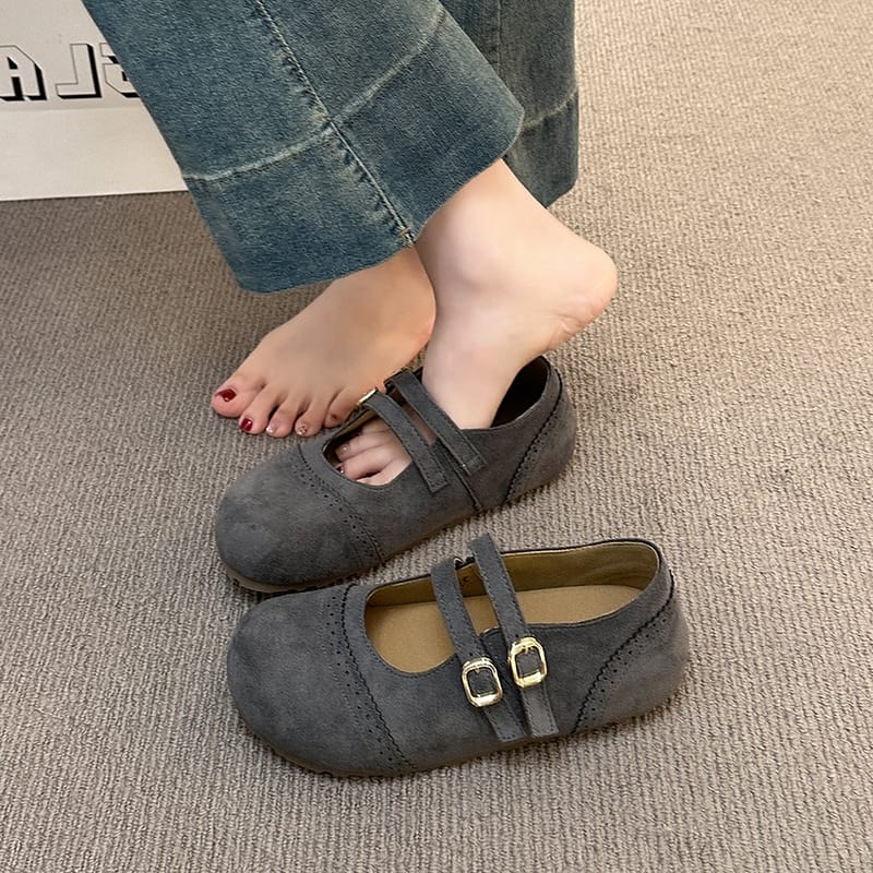ストラップパンプス レディース ダブル胴締め バックル ラウンドトゥ メダリオン 平ったいシューズ レトロ 古典派音楽 通い 通学 一方ならずない パステル色の 歩き分かりやすい 靴 スエードクロス調 置き目踵 森うしろ帯