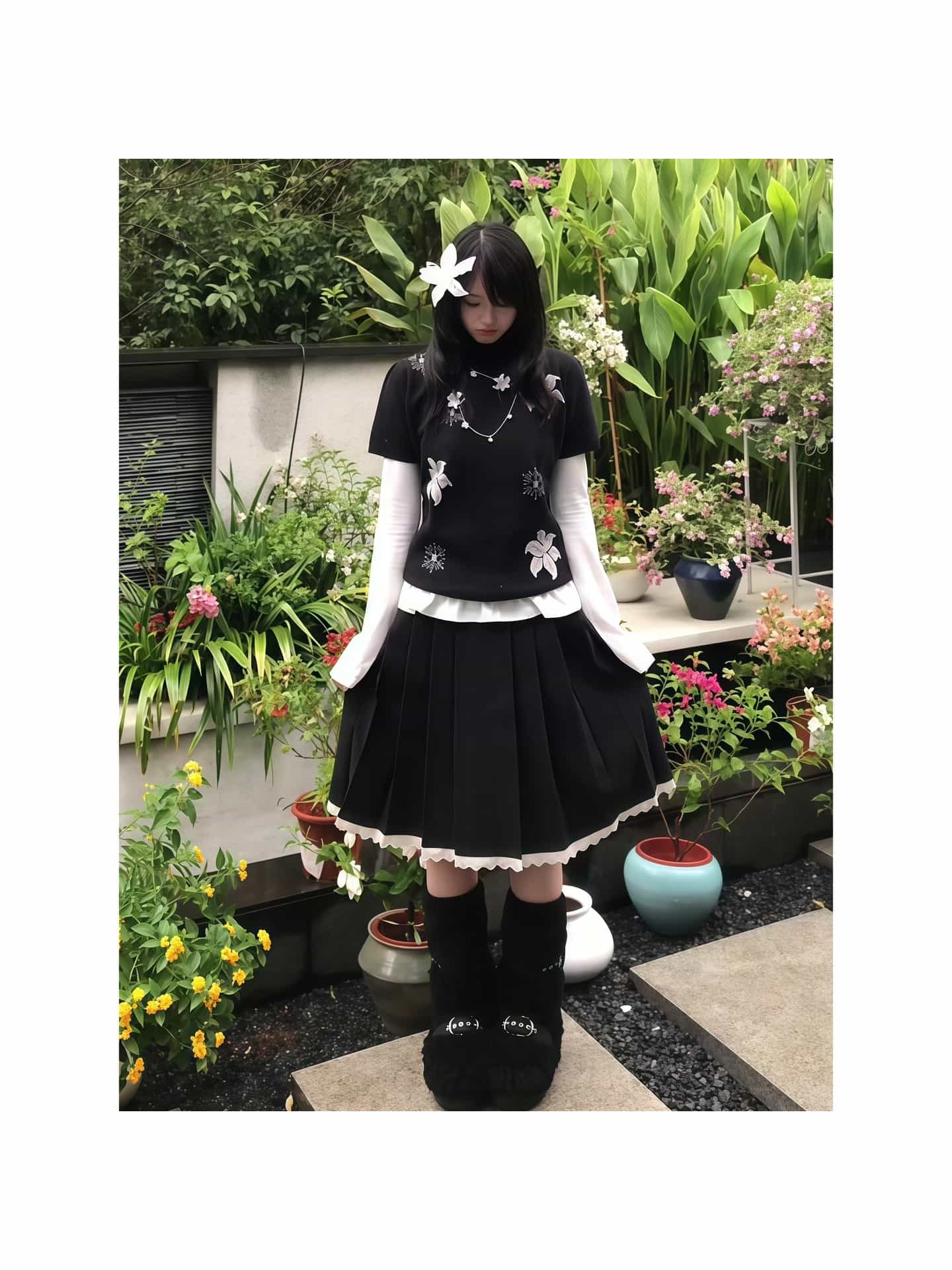 プリーツスカート 膝丈 Aライン スカート レディース 黒 ブラック 裾レース フリル 学院風 スクール 制服風 地雷系 量産型 ガーリー 大人可愛い 着痩せ 体型カバー 細見え ウエストゴム ミモレ丈 膝下 ひざ丈 ボトムス 春 夏 秋 冬 おしゃれ 清楚 通学 デート ゴスロリ｜IKYUWA店