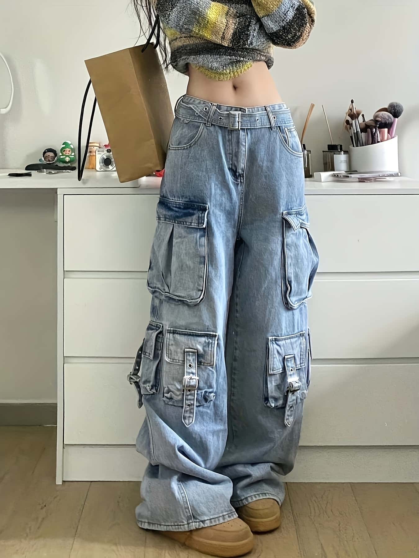 カーゴパンツ デニム ワイドパンツ レディース メンズ ジーパン ジーンズ ワークパンツ 多ポケット ハイウエスト ゆったり 大きいサイズ 太め バギーパンツ ストリート系 韓国 ファッション y2k ダンス 衣装 ボトムス ロング ズボン 落ち感 脚長効果 体型カバー|IKYUWA店