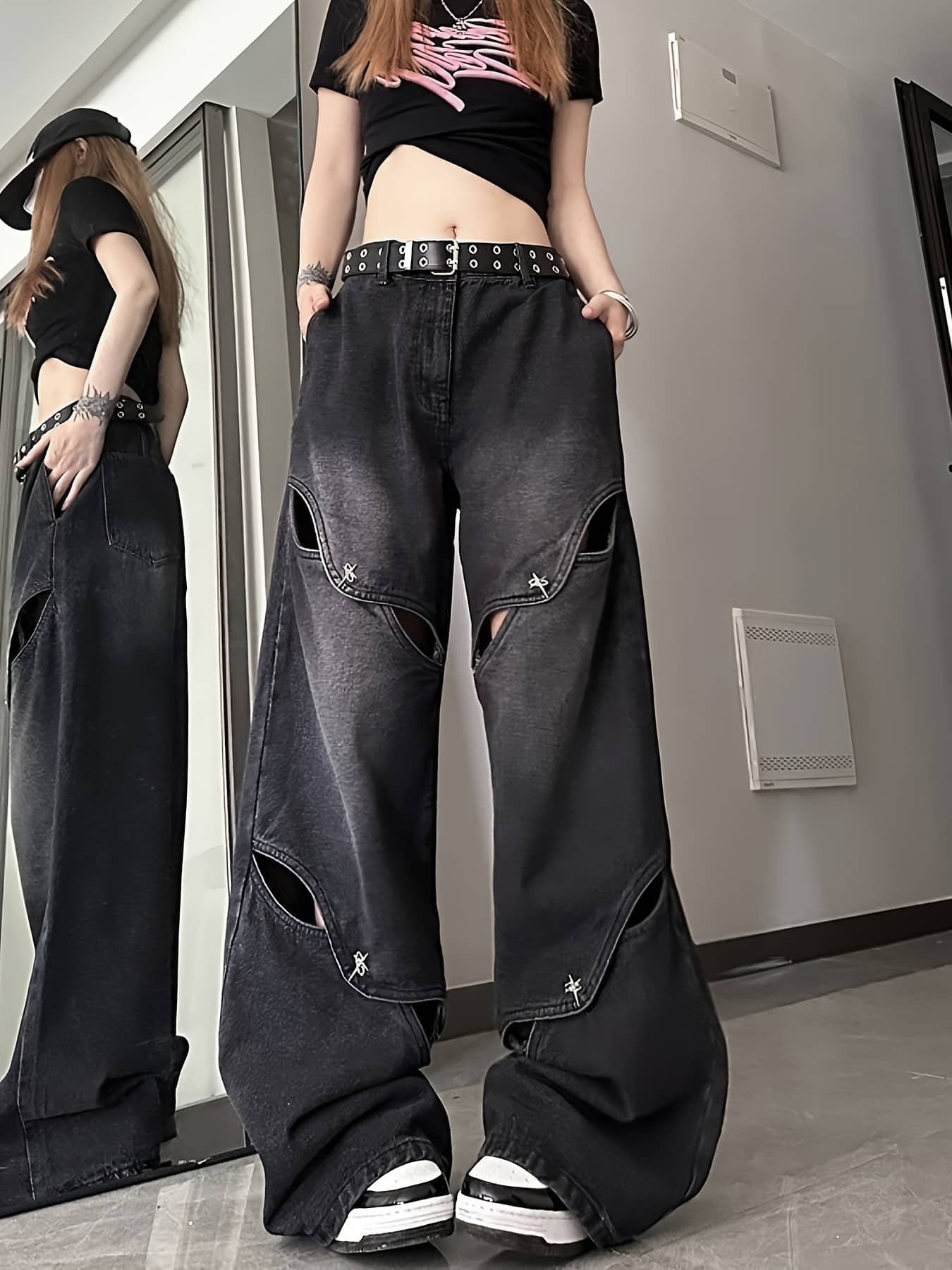デニムパンツ レディース ワイドパンツ ジーンズ ジーパン ズボン ストリート系 ハイウエスト カットアウト ダメージ クラッシュ 穴あき 膝開き 個性的 アメリカン ルーズ ゆったり 体型カバー 脚長効果 美脚 着痩せ 春 夏 秋 韓国 ファッション モード y2k ダンス｜IKYUWA店