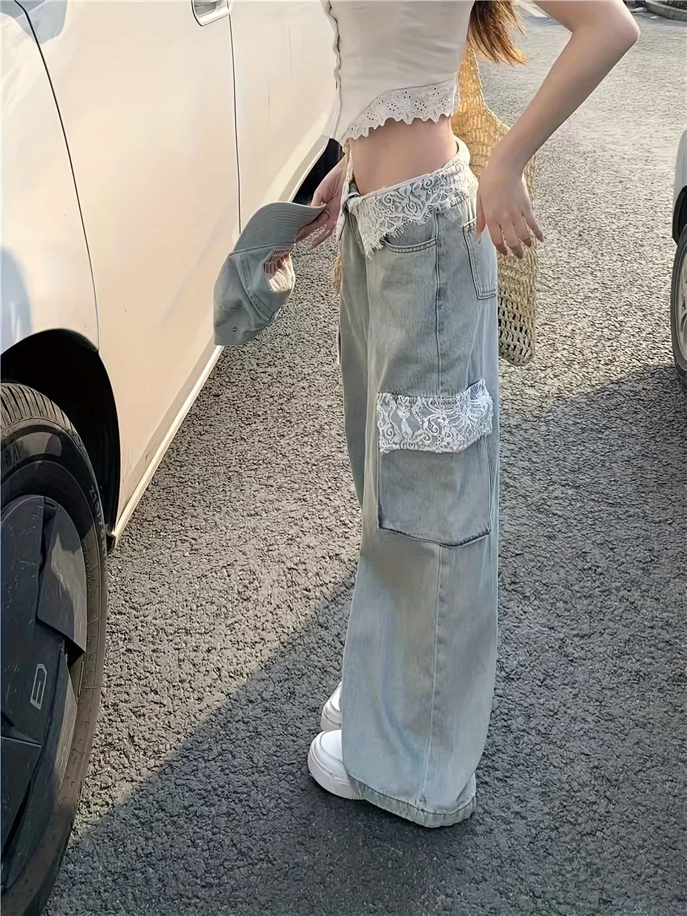 デニム ワイドパンツ レディース レース 切替 ジーンズ ジーパン ズボン ボトムス ローライズ ローウエスト 韓国 ファッション y2k ストリート カーゴパンツ ストレート カジュアル 大人可愛い おしゃれ 脚長 効果 体型カバー ゆったり 10代 20代 30代 春 夏｜IKYUWA店