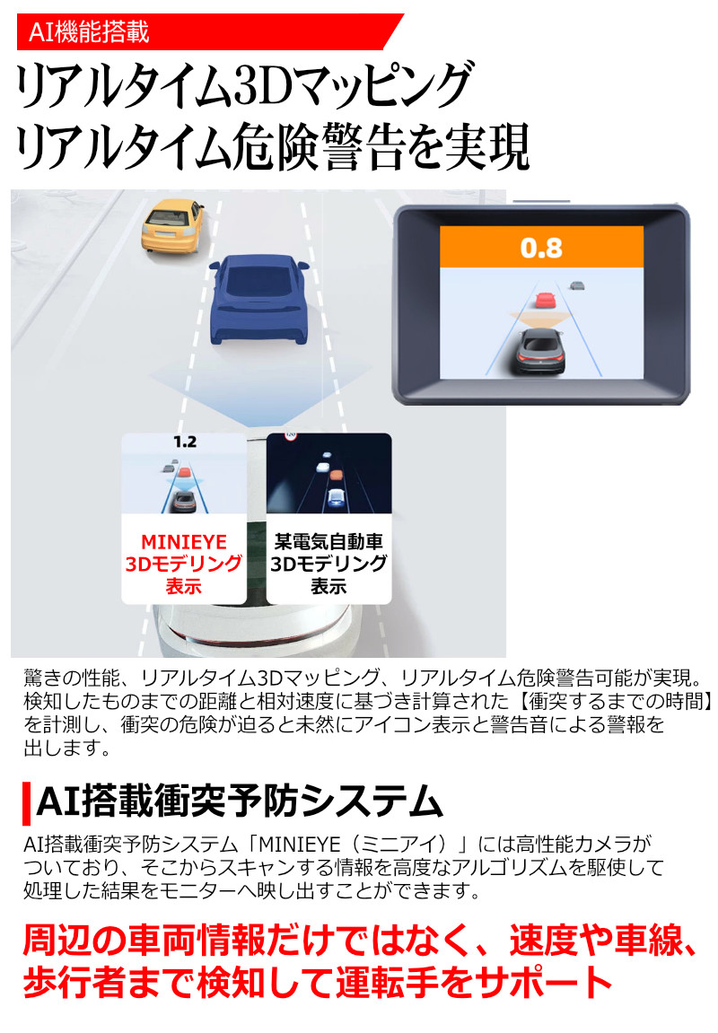 AI搭載 衝突予防システム MINIEYE ドライブレコーダー ドラレコ スマホ