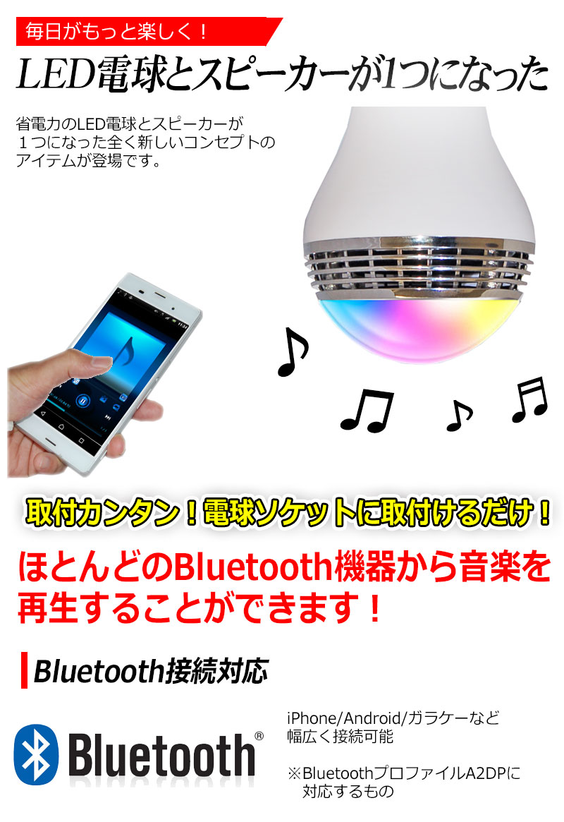 楽天市場 高音質タイプ Led電球スピーカー Bluetooth 接続 Ledライト から 音楽 が流れる スピーカー 搭載 E26 E27 口金 対応 高音質 日本語 アプリ対応 日本語マニュアル 付き Kyplaza 楽天市場店
