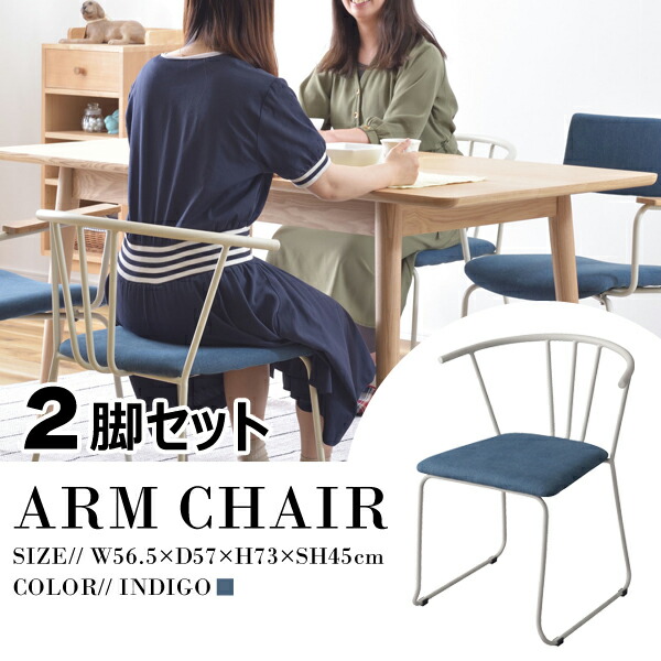 【メーカー在庫限り】アームチェア 座面高45cm 2脚セット インディゴ イス 椅子 アーム 背もたれ ファブリック 北欧 シンプル おしゃれ ダイニング リビング 食卓 インテリア 家具 メーカー直送品 東谷 TEC-74