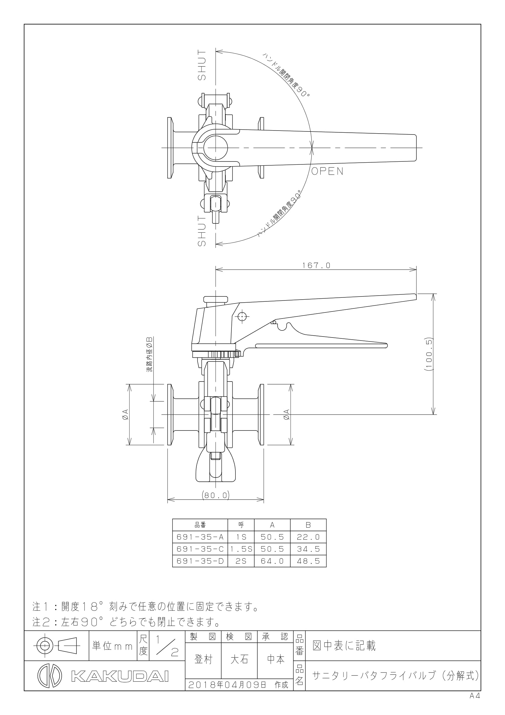 691-35-C：カクダイ サニタリーバタフライバルブ(分割式)1.5S｜その他