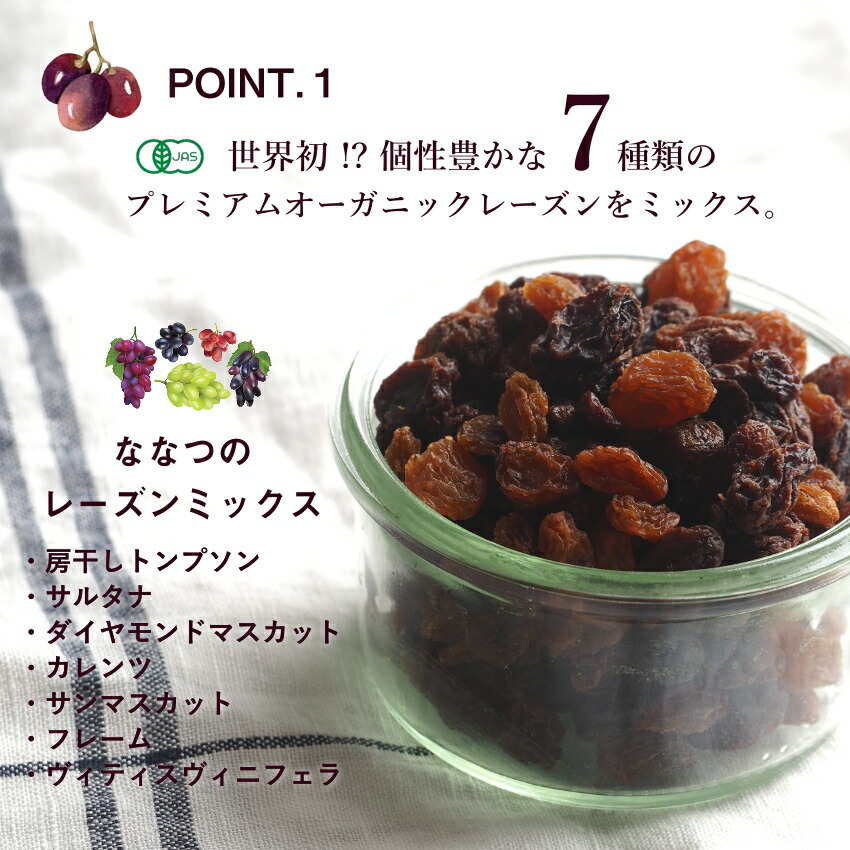 ななつのしあわせドライフルーツ7種のレーズンミックス250g送料無料有機オーガニック原料100%で仕上げた7種類の贅沢レーズンミックス着色料・香料・添加物不使用ななつのドライフルーツミックスドライフルーツミックス無添加レーズン