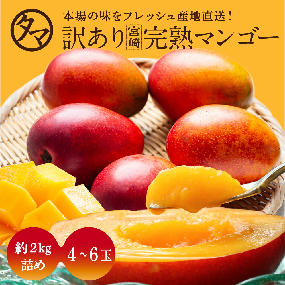 【送料無料】お得な訳あり宮崎完熟マンゴー<br>メガ盛り2kg詰め（訳あり）4～6玉前後<br>正規品のより安くで味わえる惜しくもギフト外の訳あり宮崎完熟マンゴー<br>見た目ちょいわるでも味は絶品！