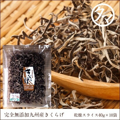 きくらげ タマチャンの無農薬・国産キクラゲ40g×10袋セット(乾燥スライス)　送料無料<br>| 業務用 お得用 九州産 国産食材 木耳 野菜九州 ホテル・料亭・ラーメン店用 美容 栽培 佃煮 乾燥 キクラゲ きのこ 国産 健康食品 ビタミンＤ 食物繊維 鉄分 低カロリー 低糖質
