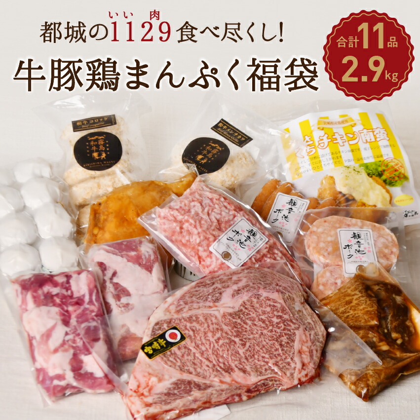宮崎牛入りボリューム満点＼肉好きに贈るまんぷく福袋（11点セット・総重量2.9kgグルメ）肉のまち都城市の牛・豚・鶏を使ったご当地グルメを楽しめる贅沢なメガ盛り福袋です。<br>｜送料無料 宮崎牛入り 贈り物 父の日 仕送り ギフト