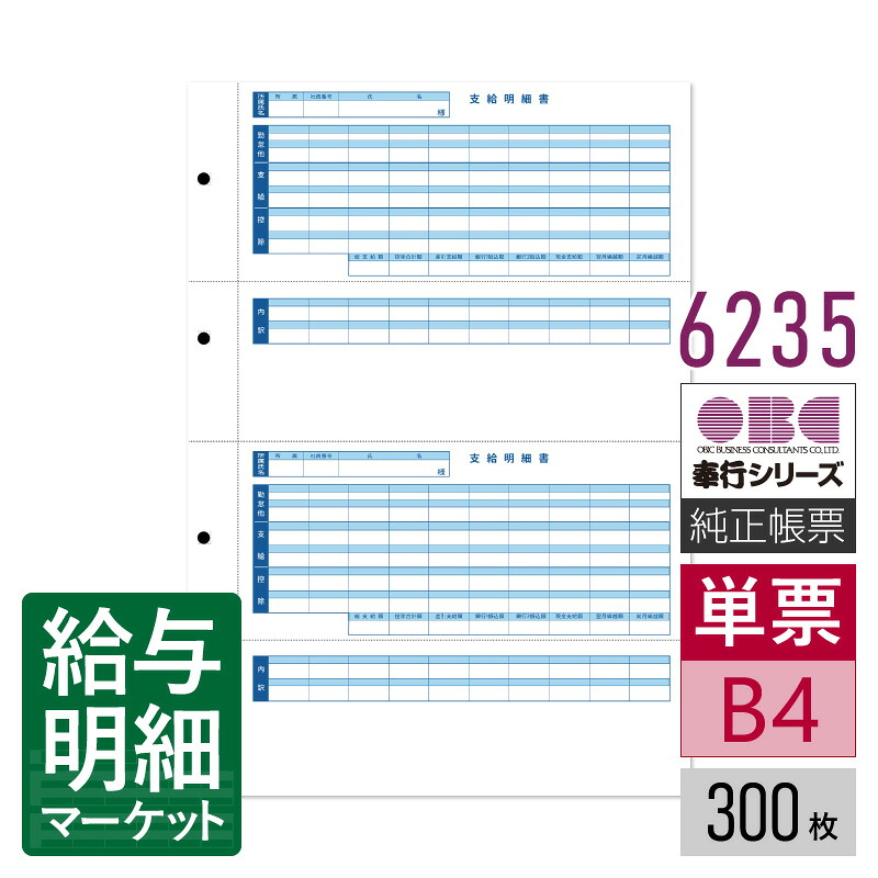 6235（4235後継商品） 単票封筒用支給明細書（内訳項目付） OBC 奉行サプライ 給与奉行 300枚（600片）入 単票用紙 レーザープリンタ対応【サンプル提供可】