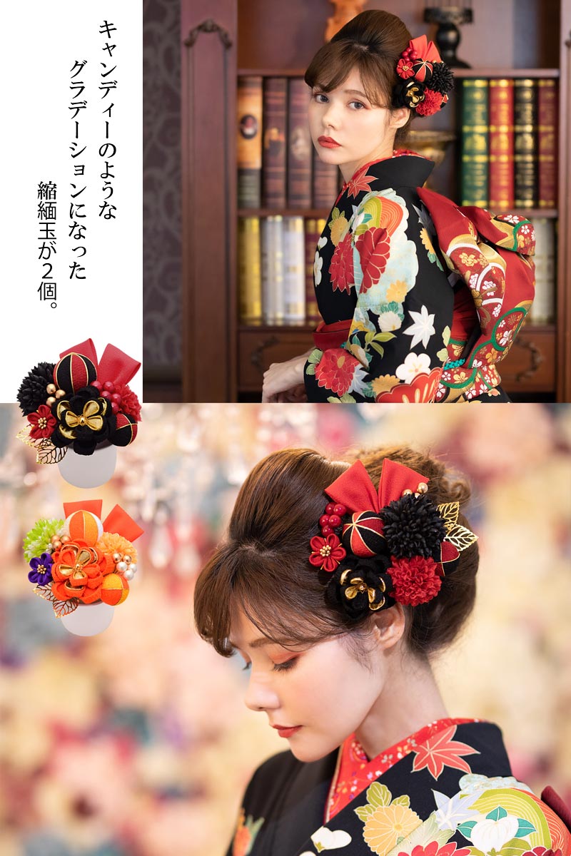 髪飾り Arenca 舞リボン 女性 振袖用 11点セット 4色 赤 白 赤黒 オレンジ Flowerpot Series 和花 小花 ふさ飾り ヘアアクセサリー 成人式 花結婚式 卒業式 浴衣 リボン Salon Raquet De