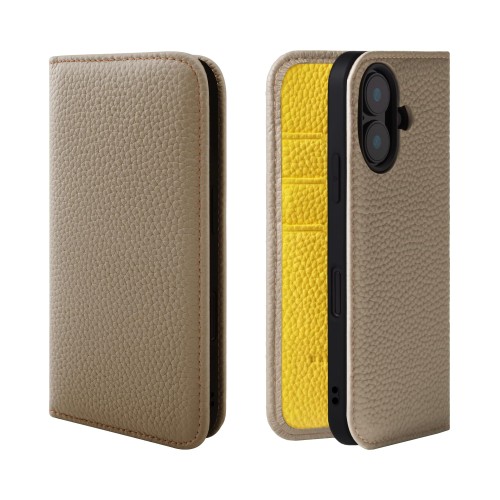 HANATORA for iPhone 16 ケース 手帳型 本革 スマホケース スマホ スタンド コードホルダー 付き シュリンクカーフレザー マグネットなし グレージュ + イエロー PH-16-Grege-YL ギフト 誕生日 女性 男性 彼女 お母さん お父さん 人気商品 30代 40代 50代 60代 70代