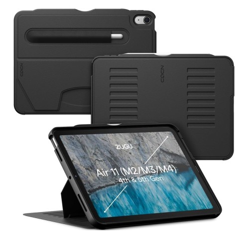 ZUGU CASE iPad Air ケース 11インチ (M4 2026 M3 2025 M2 2024) / 10.9インチ 第5世代 第4世代 (2022 / 2020) 極薄 落下衝撃保護 8段階スタンド機能 ペンホルダー ワイヤレス充電 オートスリープ (Air5 / Air4 カバー, ブラック)