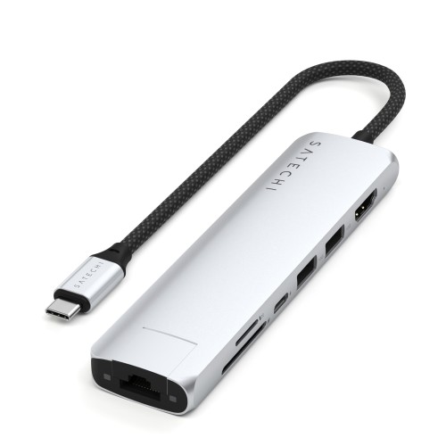 SATECHI 7 インチ 1 USB-C か細いつけ加える マルチポートアダプタ（有線ローカルエリアネットワークイーサネット、100W手っとり早い申し受ける、4K@60サイクル HDMI、USB-A 10Gbps ×2高速道路資料移らす、SD/microSD相応う、MacBook Air  Pro、万覚え帳マイコン相応う）? しろがね色