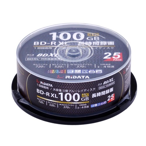 RIDATA(ライデータ) RiTEK製1回録画用 ブルーレイディスク BD-R XL 100GB 2-4倍速 ホワイトプリンタブル 片面3層 25枚スピンドルケース (BD-R520PW4X.25SP A)