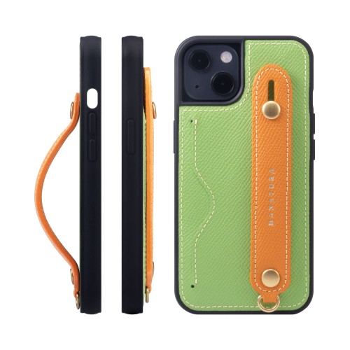 HANATORA for iPhone 13 ケース 本革 耐衝撃 背面ベルト カードポケット スマホケース スマホ スタンド機能 ネック ストラップ 付き エンボスレザー ギフト マグネットなし ヴェールクリケット+オレンジ NCGH-13-VertCriquet-OG