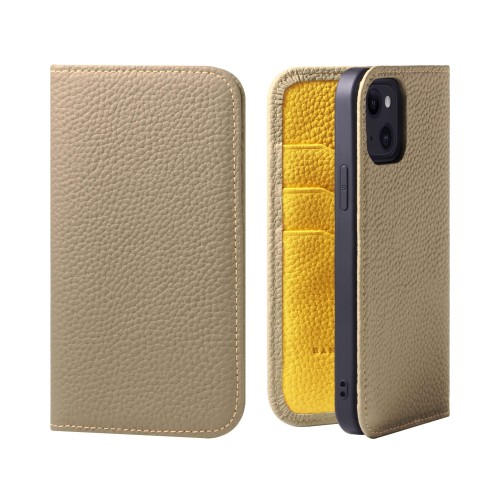 HANATORA for iPhone 13 ケース 手帳型 本革 スマホケース スマホ スタンド コードホルダー 付き シュリンクカーフレザー マグネットなし グレージュ + イエロー PH-13-Grege-YL ギフト 誕生日 女性 男性 彼女 お母さん お父さん 人気商品 30代 40代 50代 60代 70代