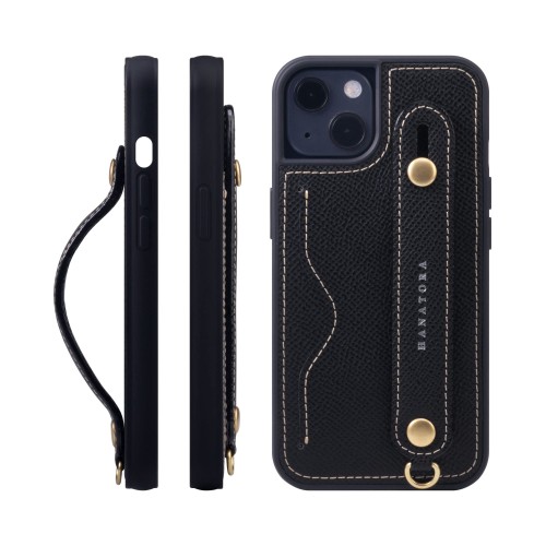 HANATORA for iPhone 15 ケース 本革 耐衝撃 背面ベルト カードポケット スマホケース スマホ スタンド機能 ネック ストラップ 付き エンボスレザー ギフト マグネットなし ブラック NCGH-15-Black