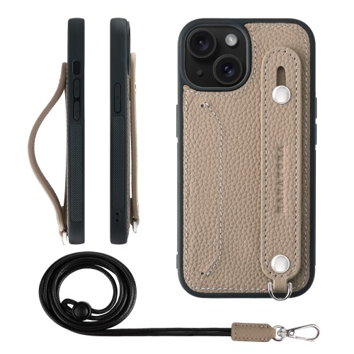 HANATORA for iPhone 15 ケース 本革 耐衝撃 背面ベルト ストラップリング スマホケース スマホ スタンド機能 ネックストラップ 付き カードポケット シュリンクレザー ギフト グレージュ CGHGZ-15-Grege