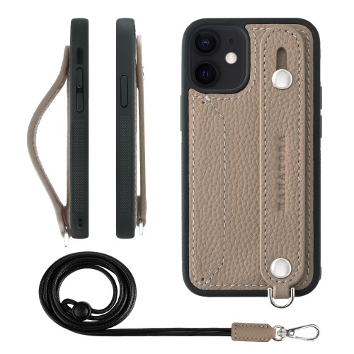 HANATORA for iPhone 12mini ケース 本革 耐衝撃 背面ベルト ストラップリング スマホケース スマホ スタンド機能 ネックストラップ 付き カードポケット シュリンクレザー ギフト グレージュ CGHGZ-12mini-Grege