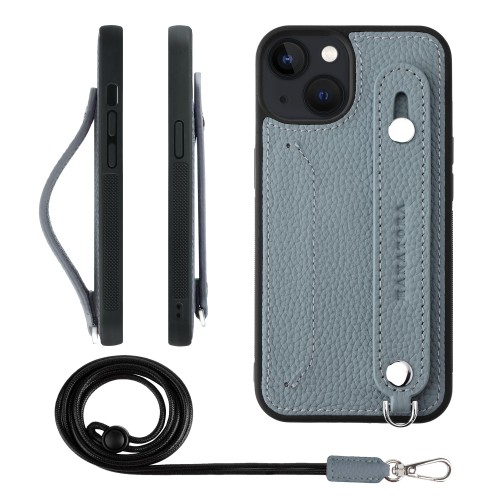 HANATORA for iPhone 13 ケース 本革 耐衝撃 背面ベルト ストラップリング スマホケース スマホ スタンド機能 ネックストラップ 付き カードポケット シュリンクレザー ギフト ブルーグレー CGHGZ-13-BlueGray