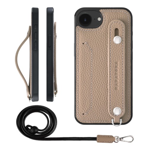 HANATORA for iPhone 17e 16e ケース 本革 耐衝撃 背面ベルト ストラップリング スマホケース スマホ スタンド機能 ネックストラップ 付き カードポケット シュリンクレザー ギフト グレージュ CGHGZ-16e-Grege