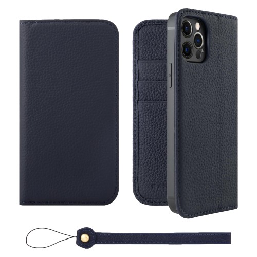 HANATORA for iPhone 12 12Pro ケース 手帳型 本革 スマホケース スマホ スタンド ストラップ 付き シュリンクカーフレザー ベルトなし マグネットなし ネイビー H0XA-12Pro-Navy ギフト 誕生日 女性 男性 彼女 お母さん お父さん 人気商品 30代 40代 50代 60代 70代