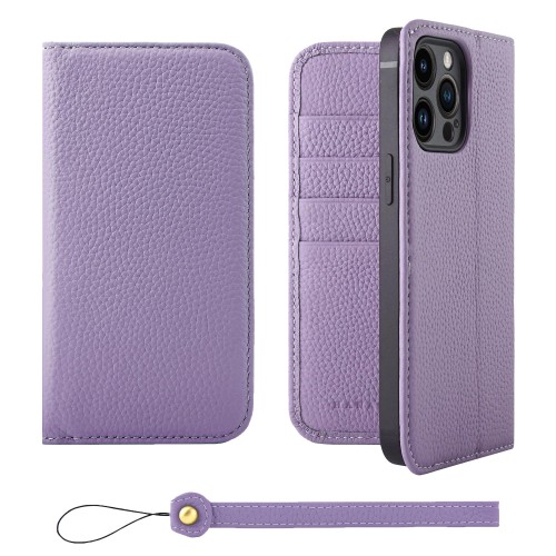 HANATORA for iPhone 14ProMax ケース 手帳型 本革 スマホケース スマホ スタンド ストラップ 付き シュリンクカーフレザー ベルトなし マグネットなし パープル H0XA-14ProMax-Purple ギフト 誕生日 女性 男性 彼女 お母さん お父さん 人気商品 30代 40代 50代 60代 70代