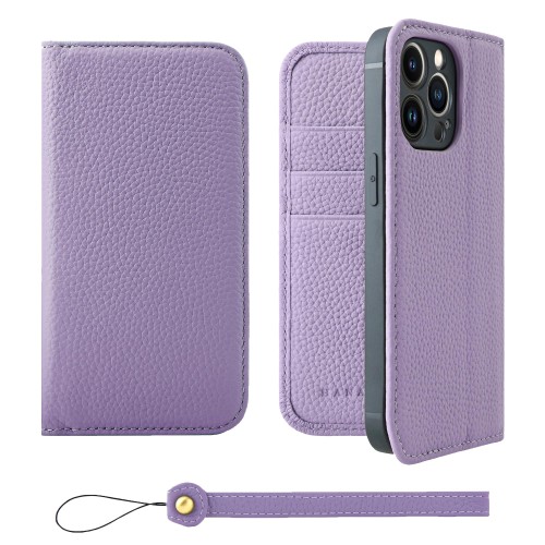 HANATORA for iPhone 13Pro ケース 手帳型 本革 スマホケース スマホ スタンド ストラップ 付き シュリンクカーフレザー ベルトなし マグネットなし パープル H0XA-13Pro-Purple ギフト 誕生日 女性 男性 彼女 お母さん お父さん 人気商品 30代 40代 50代 60代 70代