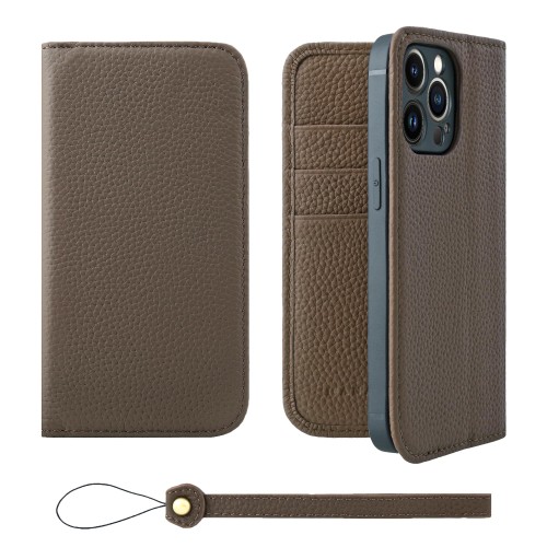HANATORA for iPhone 13Pro ケース 手帳型 本革 スマホケース スマホ スタンド ストラップ 付き シュリンクカーフレザー ベルトなし マグネットなし トープ H0XA-13Pro-Taupe ギフト 誕生日 女性 男性 彼女 お母さん お父さん 人気商品 30代 40代 50代 60代 70代