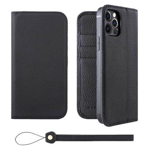 HANATORA for iPhone 12 12Pro ケース 手帳型 本革 スマホケース スマホ スタンド ストラップ 付き シュリンクカーフレザー ベルトなし マグネットなし ブラック H0XA-12Pro-Black ギフト 誕生日 女性 男性 彼女 お母さん お父さん 人気商品 30代 40代 50代 60代 70代|ケーズショップ