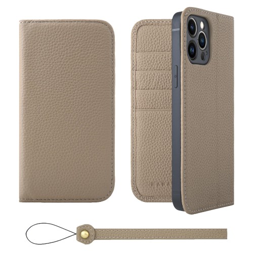 HANATORA for iPhone 13ProMax ケース 手帳型 本革 スマホケース スマホ スタンド ストラップ 付き シュリンクカーフレザー ベルトなし マグネットなし グレージュ H0XA-13ProMax-Grege ギフト 誕生日 女性 男性 彼女 お母さん お父さん 人気商品 30代 40代 50代 60代 70代
