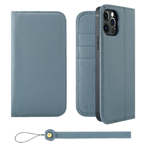 HANATORA for iPhone 12 12Pro ケース 手帳型 本革 スマホケース スマホ スタンド ストラップ 付き シュリンクカーフレザー ベルトなし マグネットなし ブルーグレー H0XA-12Pro-BlueGray ギフト 誕生日 女性 男性 彼女 お母さん お父さん 人気商品 30代 40代 50代 60代 70代