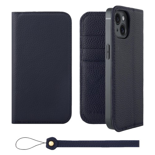 HANATORA for iPhone 15 ケース 手帳型 本革 スマホケース スマホ スタンド ストラップ 付き シュリンクカーフレザー ベルトなし マグネットなし ネイビー H0XA-15-Navy ギフト 誕生日 女性 男性 彼女 お母さん お父さん 人気商品 30代 40代 50代 60代 70代|ケーズショップ
