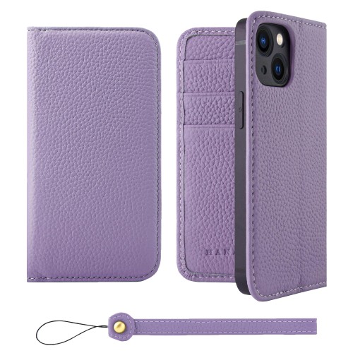 HANATORA for iPhone 13mini ケース 手帳型 本革 スマホケース スマホ スタンド ストラップ 付き シュリンクカーフレザー ベルトなし マグネットなし パープル H0XA-13mini-Purple ギフト 誕生日 女性 男性 彼女 お母さん お父さん 人気商品 30代 40代 50代 60代 70代