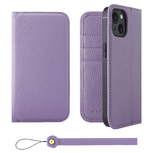 HANATORA for iPhone 15 ケース 手帳型 本革 スマホケース スマホ スタンド ストラップ 付き シュリンクカーフレザー ベルトなし マグネットなし パープル H0XA-15-Purple ギフト 誕生日 女性 男性 彼女 お母さん お父さん 人気商品 30代 40代 50代 60代 70代|ケーズショップ