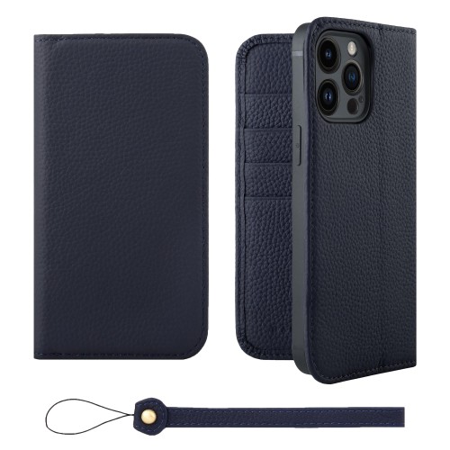 HANATORA for iPhone 14ProMax ケース 手帳型 本革 スマホケース スマホ スタンド ストラップ 付き シュリンクカーフレザー ベルトなし マグネットなし ネイビー H0XA-14ProMax-Navy ギフト 誕生日 女性 男性 彼女 お母さん お父さん 人気商品 30代 40代 50代 60代 70代