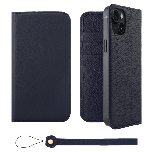 HANATORA for iPhone 15Plus ケース 手帳型 本革 スマホケース スマホ スタンド ストラップ 付き シュリンクカーフレザー ベルトなし マグネットなし ネイビー H0XA-15Plus-Navy ギフト 誕生日 女性 男性 彼女 お母さん お父さん 人気商品 30代 40代 50代 60代 70代