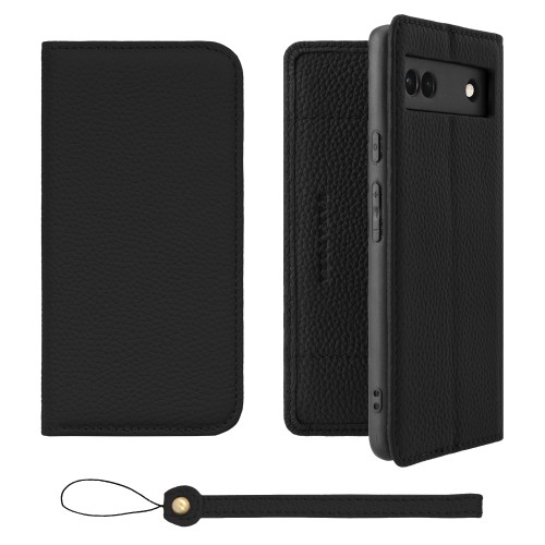 HANATORA for Google Pixel 6a ケース 手帳型 本革 スマホケース スマホ スタンド ストラップ 付き シュリンクカーフレザー ベルトなし マグネットなし ブラック H0XA-GP6a-Black ギフト 誕生日 女性 男性 彼女 お母さん お父さん 人気商品 30代 40代 50代 60代 70代