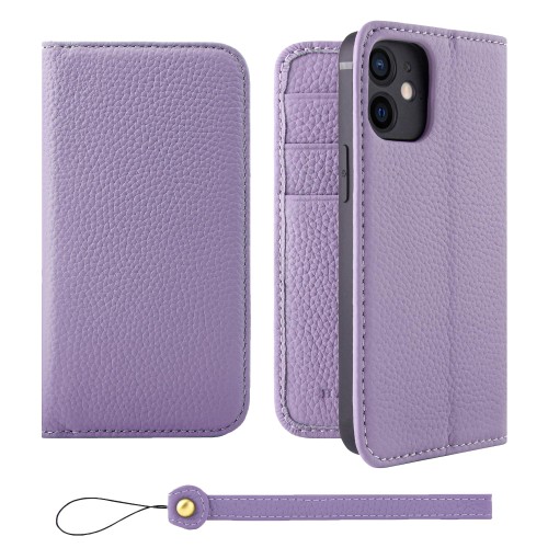 HANATORA for iPhone 12mini ケース 手帳型 本革 スマホケース スマホ スタンド ストラップ 付き シュリンクカーフレザー ベルトなし マグネットなし パープル H0XA-12mini-Purple ギフト 誕生日 女性 男性 彼女 お母さん お父さん 人気商品 30代 40代 50代 60代 70代