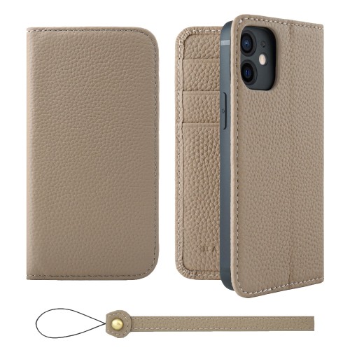 HANATORA for iPhone 12mini ケース 手帳型 本革 スマホケース スマホ スタンド ストラップ 付き シュリンクカーフレザー ベルトなし マグネットなし グレージュ H0XA-12mini-Grege ギフト 誕生日 女性 男性 彼女 お母さん お父さん 人気商品 30代 40代 50代 60代 70代