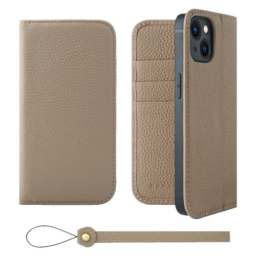 HANATORA for iPhone 14 ケース 手帳型 本革 スマホケース スマホ スタンド ストラップ 付き シュリンクカーフレザー ベルトなし マグネットなし グレージュ H0XA-14-Grege ギフト 誕生日 女性 男性 彼女 お母さん お父さん 人気商品 30代 40代 50代 60代 70代